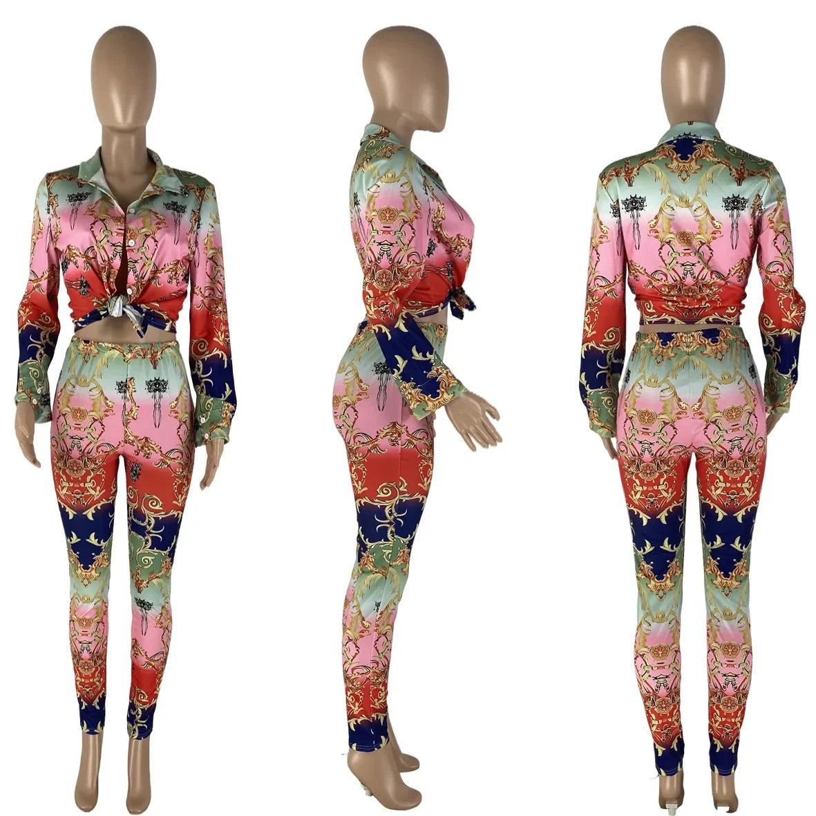 CM.YAYA Women Paisley Two 2 Piece Set Outfits Elegant INS Blouses Shirt Tops and Legging Pants Matching Set Vintage Tracksuit