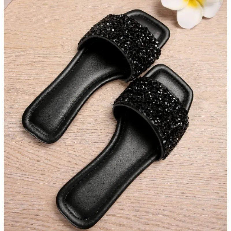 Summer Women's Flat Sandals 2024 New Stylish Outdoor Glitter Open Toe Comfortable Casual Slippers Plus Size 43