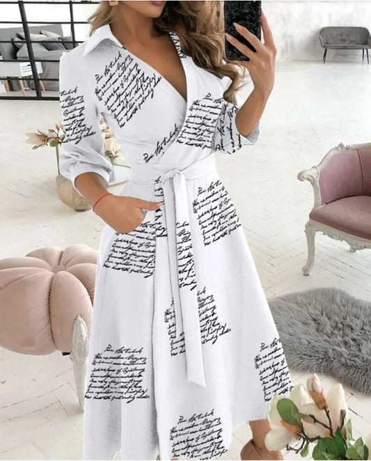 Women Dress Spring And Summer New Fashion Three Quarter  Sleeve V-Neck Printed Women's Dress With Waist Tie Up Polo Long Dress