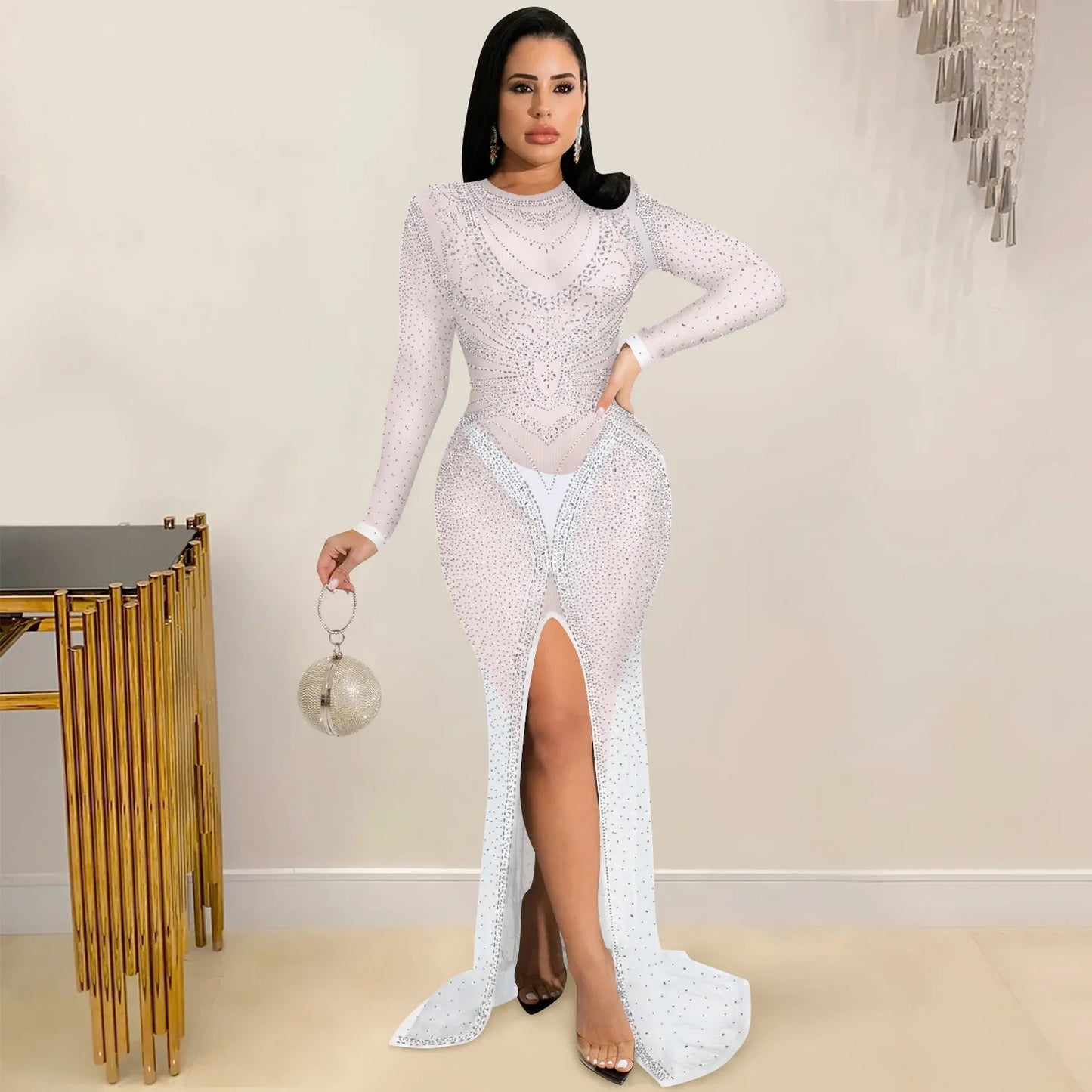 Autumn Winter Fashion Elegant Evening party luxury Long Dress Women's Net Gauze Perspective Long Sleeve Slit Nightclub Dress