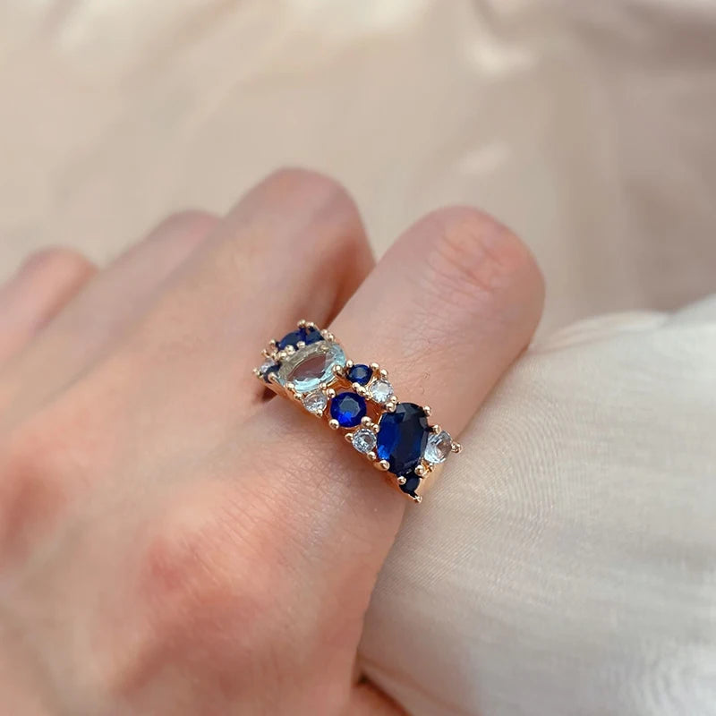 Kinel Luxury Blue Natural Zircon Ring for Women Trendy 585 Rose Gold Color Bride Wedding Party Daily Fine Vintage Jewelry Gift