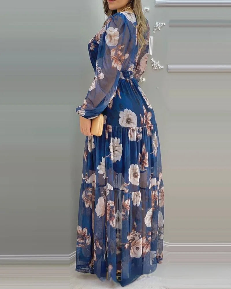 Women's 2021 New Summer Blue Printed Chiffon Dress-With Lining