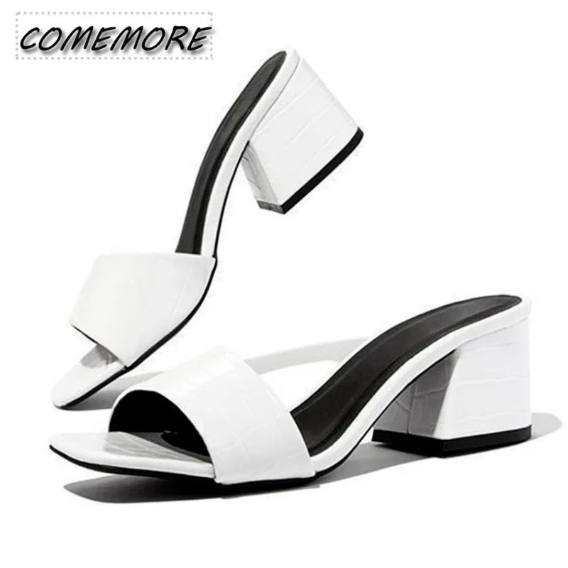 Fashion Women Pumps Slippers Ladies Square Toe Female Slides Summer Shoes Sandals High Heels 2024 New Comfortable Black Size 42