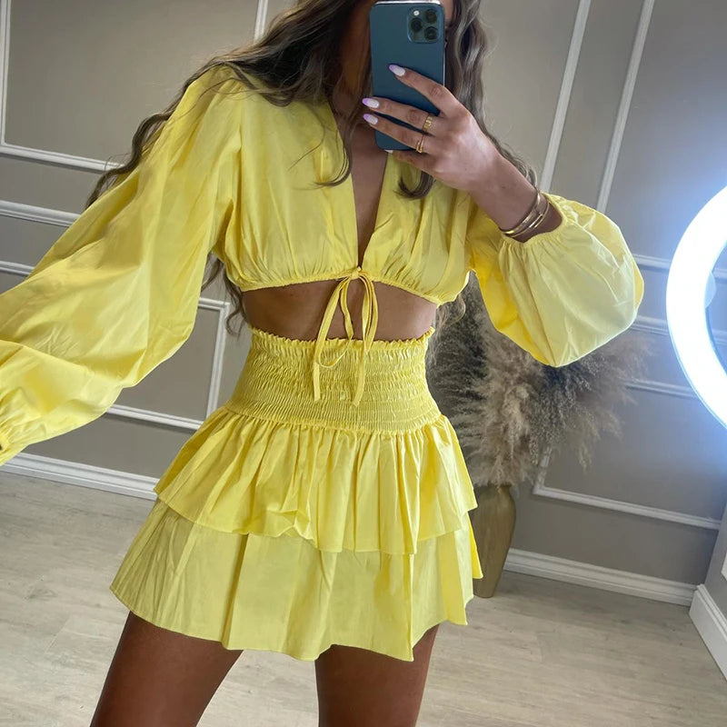 Fandy Lokar V Neck Short Tops Suits Women Fashion Lace Up Solid Suit Women Elegant Ruffle Mini Skirts Suits Female Ladies