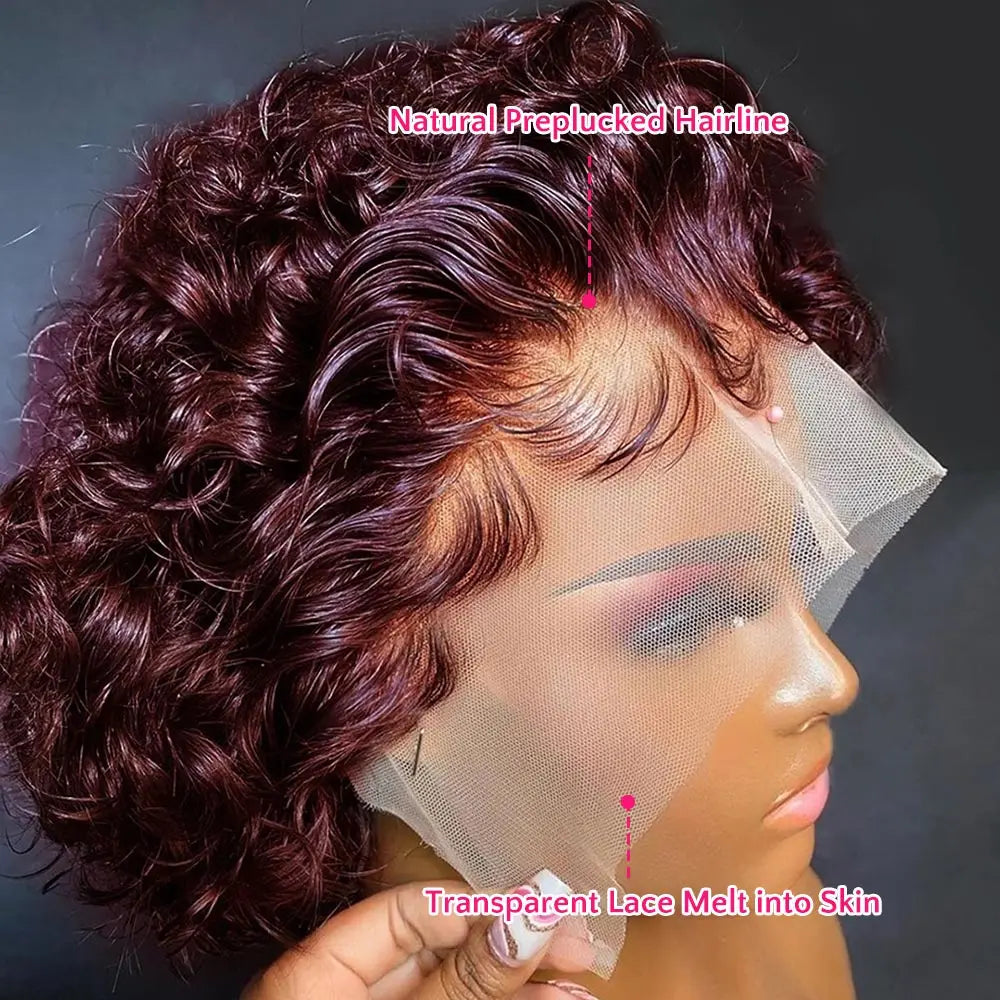 99J Burgundy Highlight Honey Colored Short Curly Pixie Cut Lace Wig Pre plucked Bob Wig 13x2 Lace Front Curly Human Hair Wigs