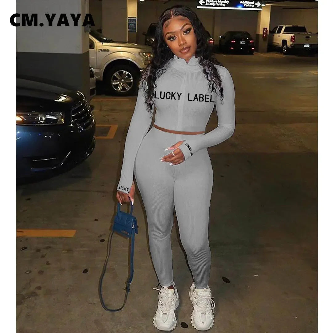 CM.YAYA Active Lucky Label Embroidery Knitted Women Set Zipper Tops Legging Pant Set Tracksuit Outfit Matching Two 2 Piece Set