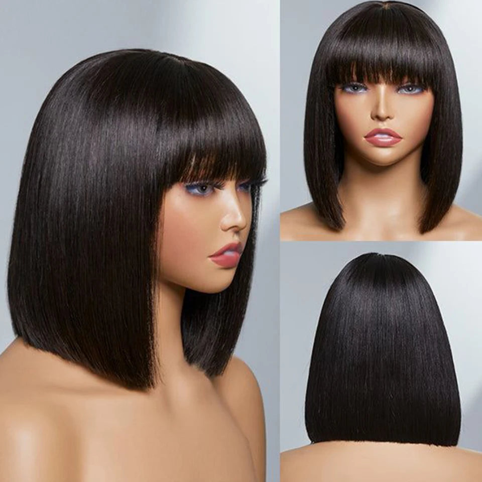 Peruvian Straight Bob Lace Wigs Glueless Straight Human Hair Wigs With Bangs Fringe Middle Part Bob Lace Wigs Realistic Scalp