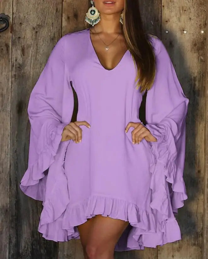 Women's Dress 2023 Spring/Summer Beach Vacation Fashion Sweet Solid Color Ruffle Hem Bell Sleeve V Neck Long Sleeve Dress