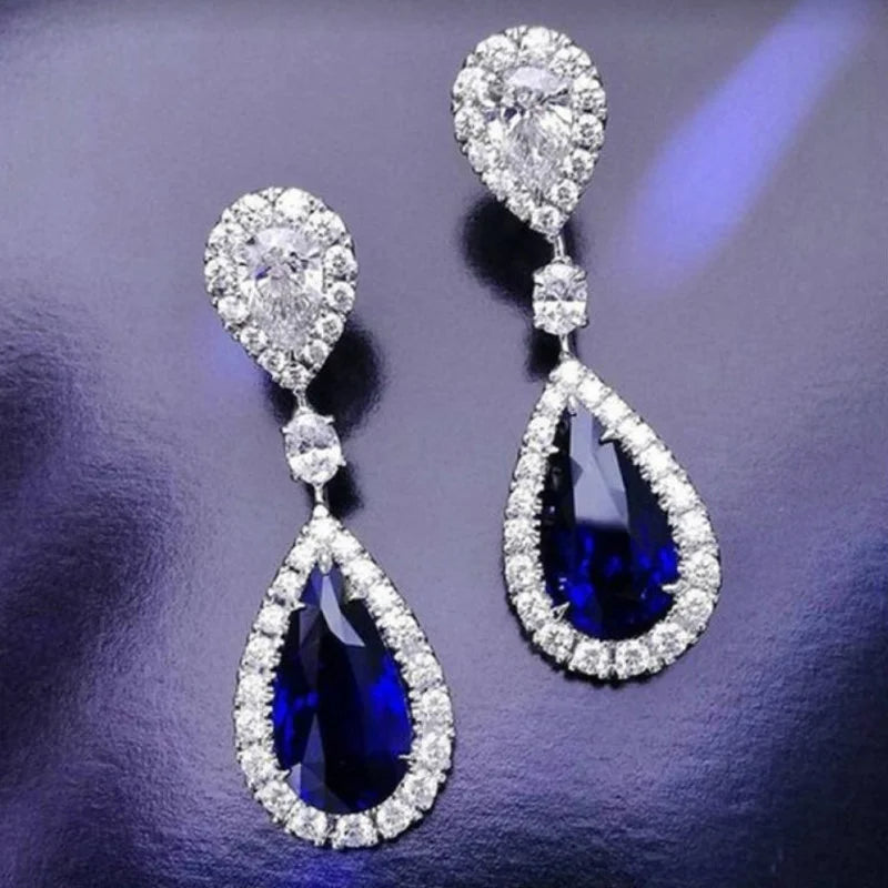 Fashion Jewelry Ladies Blue White Water Drop Shaped Crystal Rhinestone Zircon Metal Dangle Earring for Women Party Jewelry