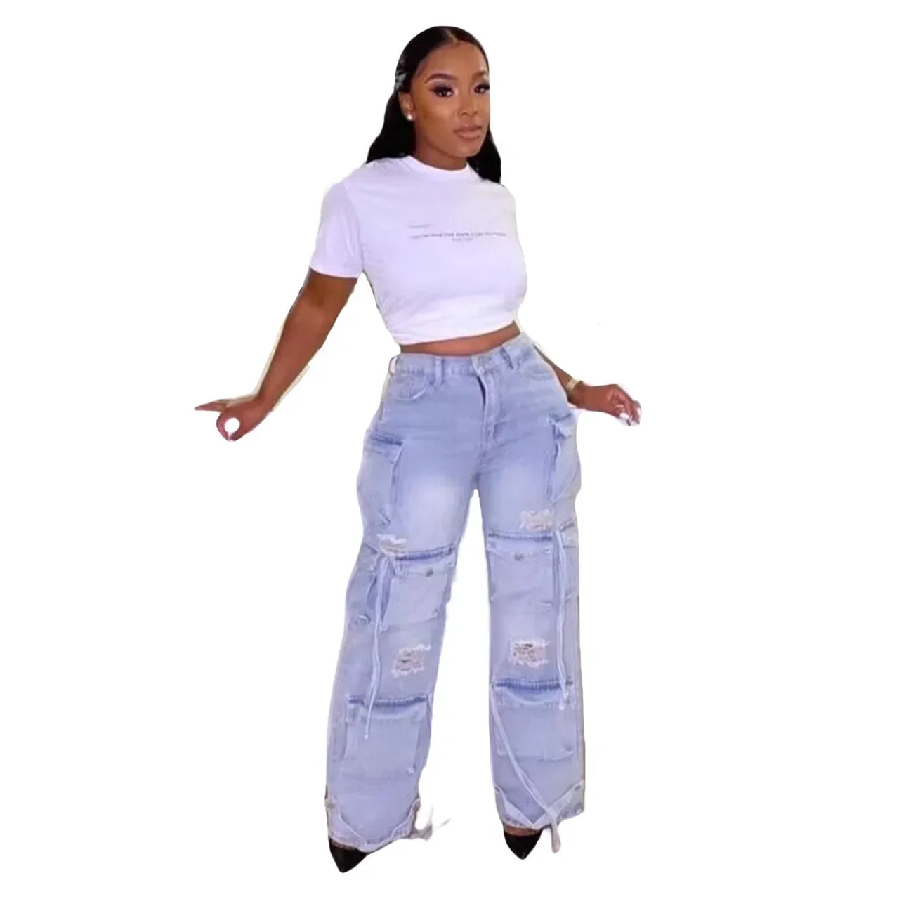 Denim Pocket Pants Jeans Women Streetwear Retro Loose Wide Leg Overalls Vintage Button Long Capris Sporty Y2k Cargo Pants