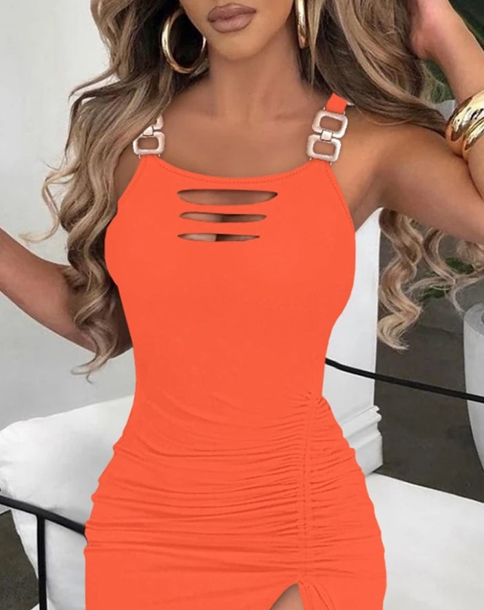 Sexy Women's Dress 2024 New Ladder Cutout Slit Buckled Bodycon Dress Solid Color Slim Fit Sleeveless Drawstring Pleated Dress