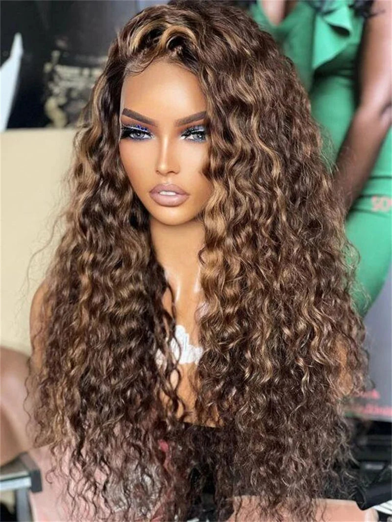 Soft Glueless Highlight Blonde Long 26“ Kinky Curly Lace Front Wig For Women With Baby Hair Preplucked Heat Resistant Synthetic