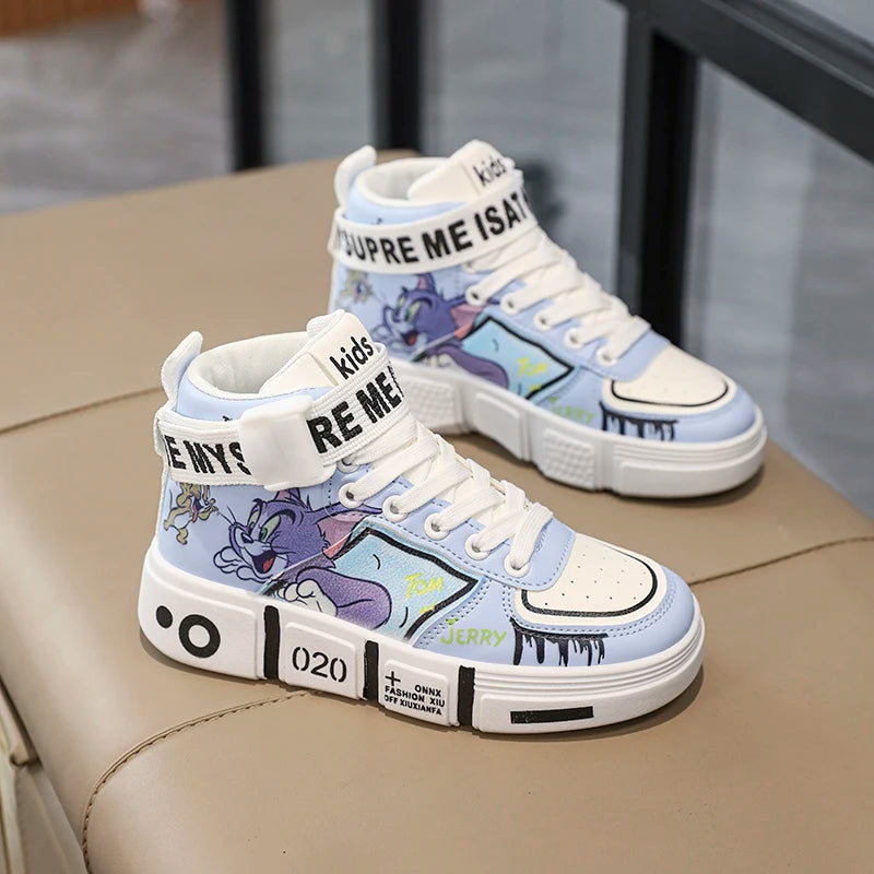 New medium and large children elementary school sports casual shoes girls cartoon flat everything high top board shoes boys