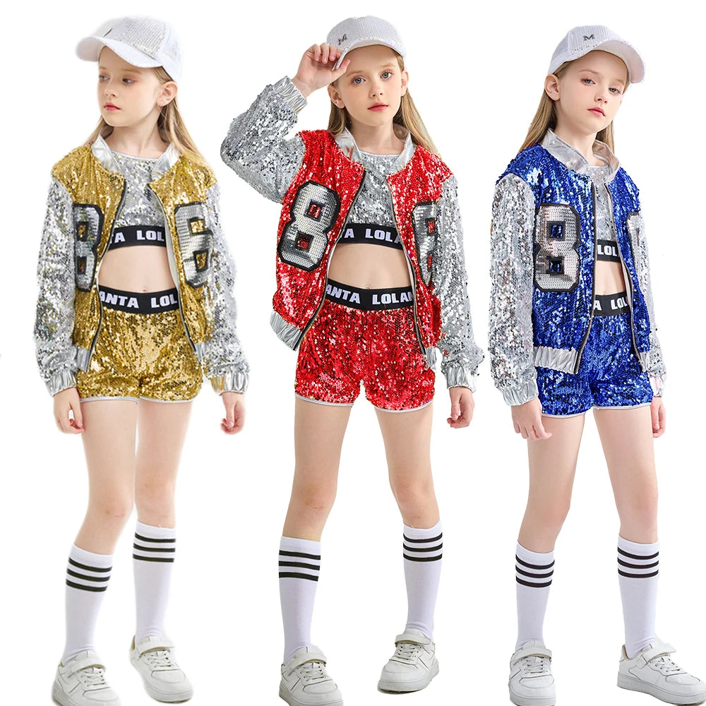 LOlanta 4-14 Years Girls Pink Sequin Crop Tops Shorts Jacket Dancewear Costume Hip Hop Modern Jazz Dance Stage Performance Wear