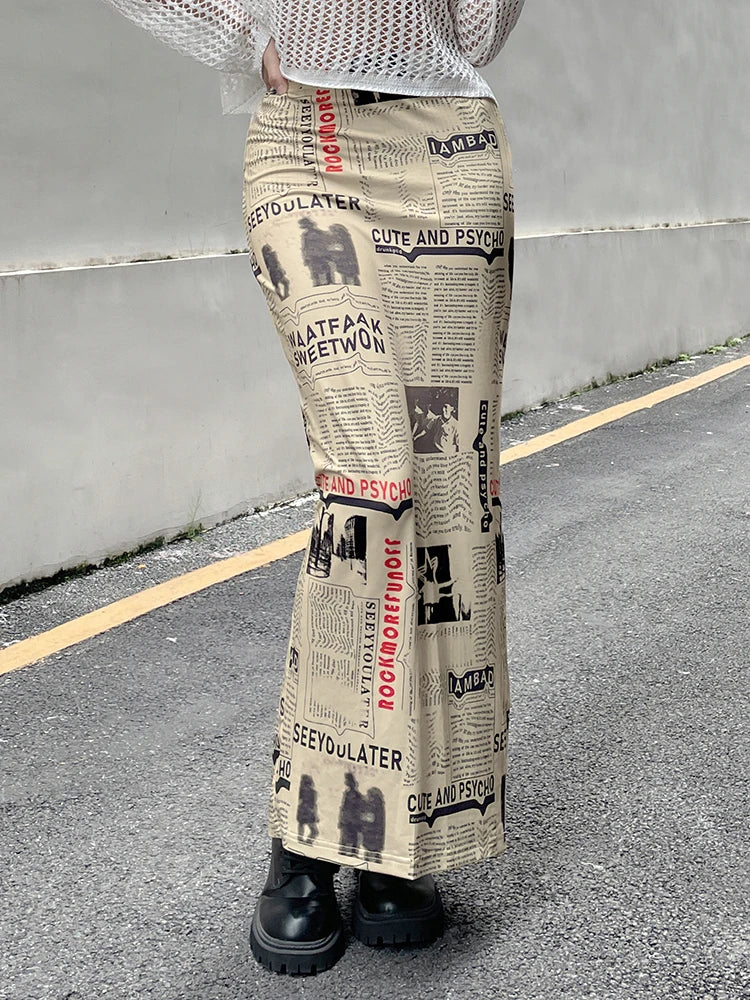 Darlingaga Vintage Newspaper Letter Print High Waist Long Skirt Women Distressed Harajuku Slim Pencil Skirts Aesthetic Y2K Chic