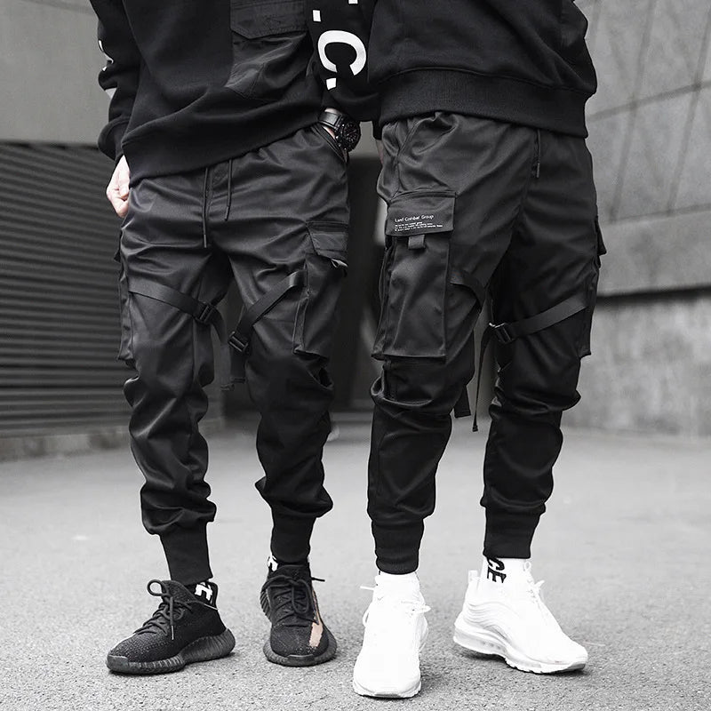 Men's Black Fashion Slim Fit Leisure Tactics Paratrooper Ribbon Cargo Pants Multifunctional Pockets Drawstring Sweat Pants