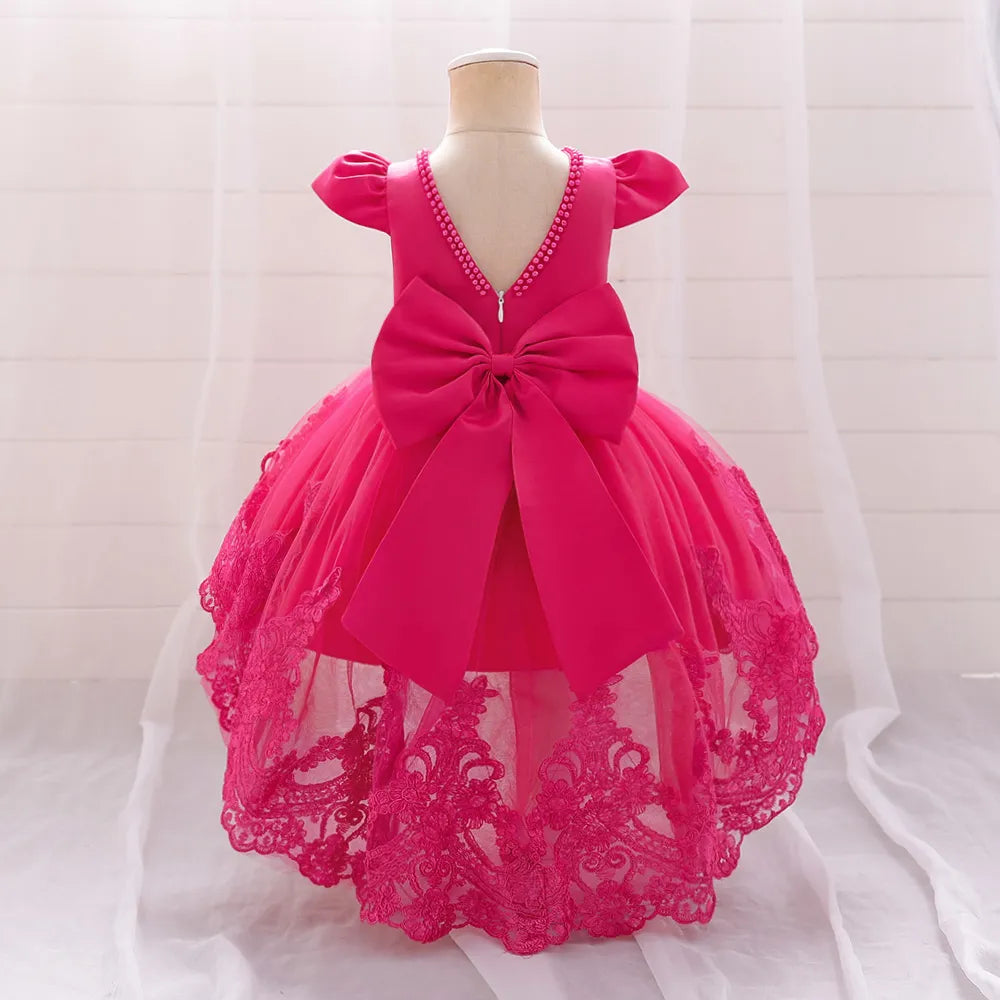 Toddler Bow Baby Dress For Girls Beading Tulle Princess 1st Birthday Embroidery Kids Party Dresses for Girl Pink Baptism Costume