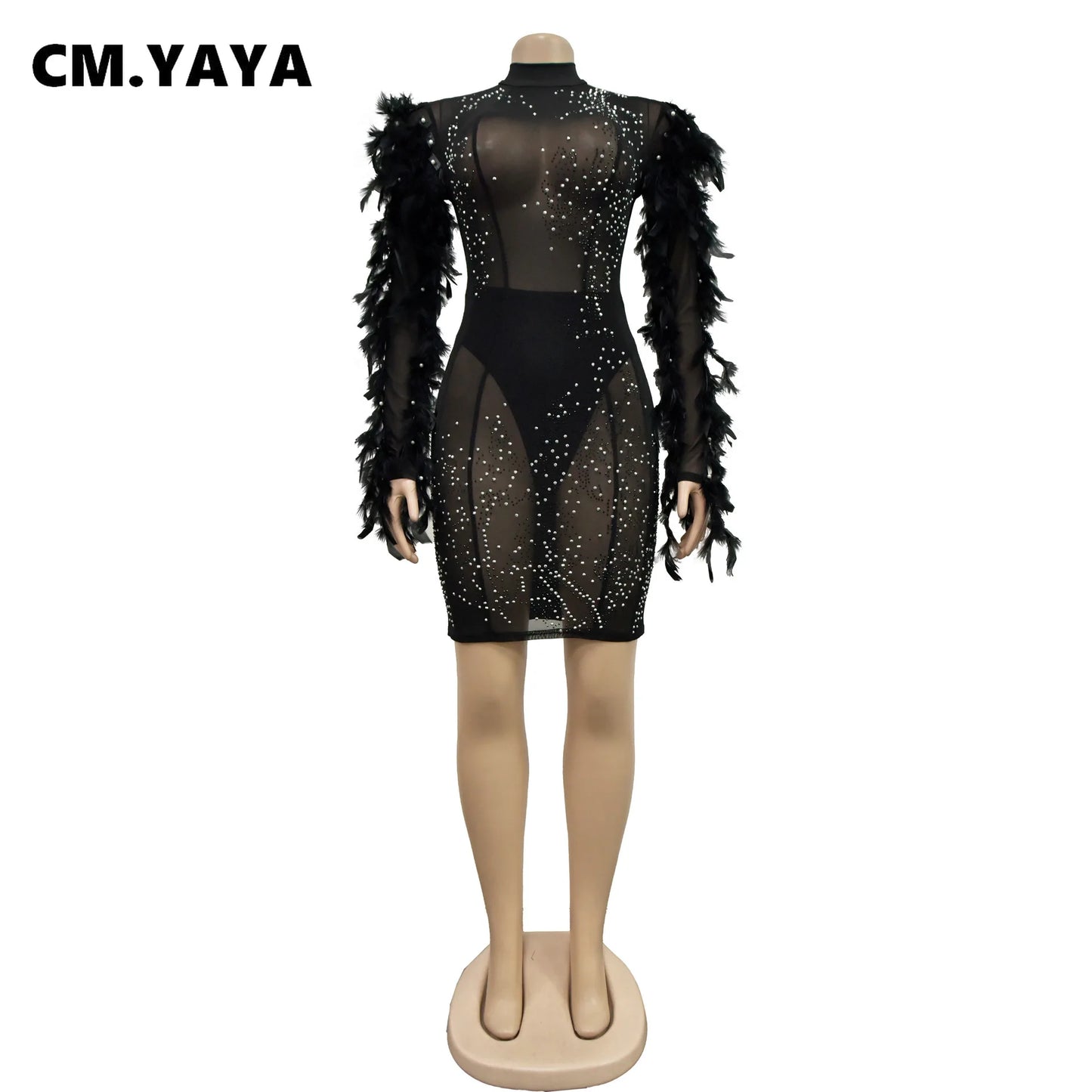 CM.YAYA 2024 Women Long Sleeve Dress Fashion Mesh Hot Drilling Feather O-neck Sexy Party Club Evening Birthday Mini Dresses