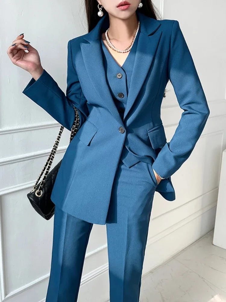 Fashion Korean Women Blazer 3 Pcs Elegant Long Sleeve Suit Jackets Vest and Straight Pants Suit Female Chic Business Outfits New