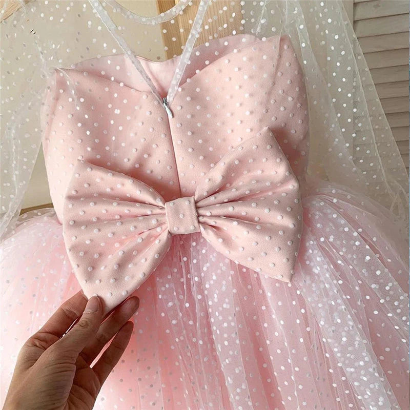 Girls Wedding Bridesmaid Dress Kids Polka Dots Princess Dresses For 4-10Yrs Baby Girl Formal Prom Mesh Embroidery Tulle Vestidos