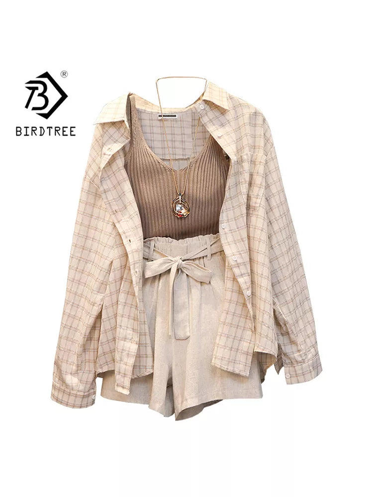 Summer Women Three Piece Sets Casual Linen Plaid Long Sleeve Tops + Elastic Waist Belt Wide Leg Shorts Vest Suits S26801J