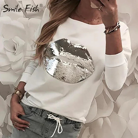 Spring Women Tops Hot Sequined Lip T-shirts Black White Casual Tee Shirt Femme O-neck Long Sleeve Tshirts