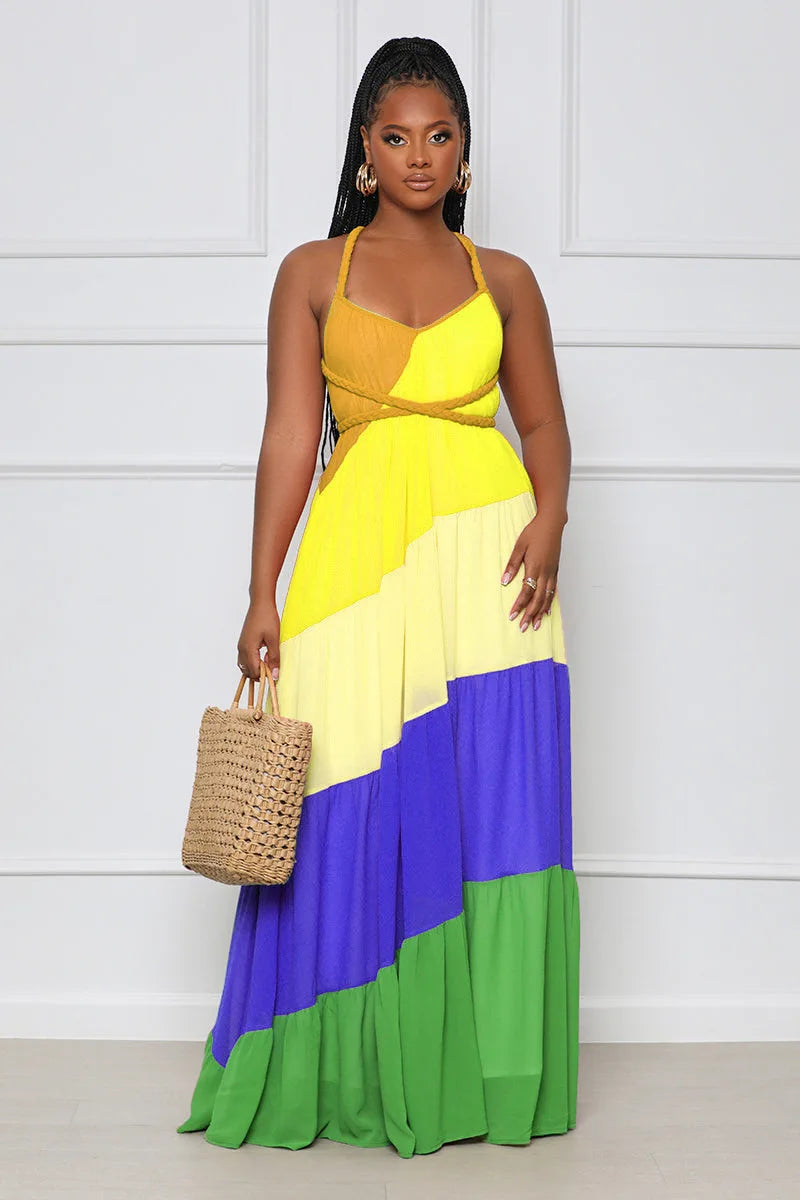 CMYAYA Elegant Patchwork Chiffon Halter Neck Backless Big Swing Loose Maxi Long Dress 2022 Summer Beach Sleeveless Dresses