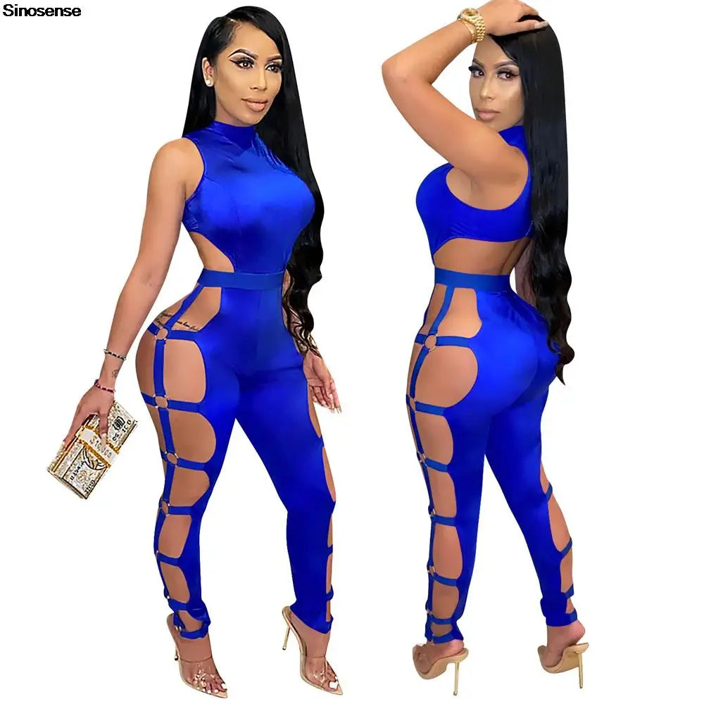 Sexy Hollow Out Cut Out Bodycon Jumpsuits Women Backless Zipper One Piece Outfits Stretchy Night Club Party Long Rompers