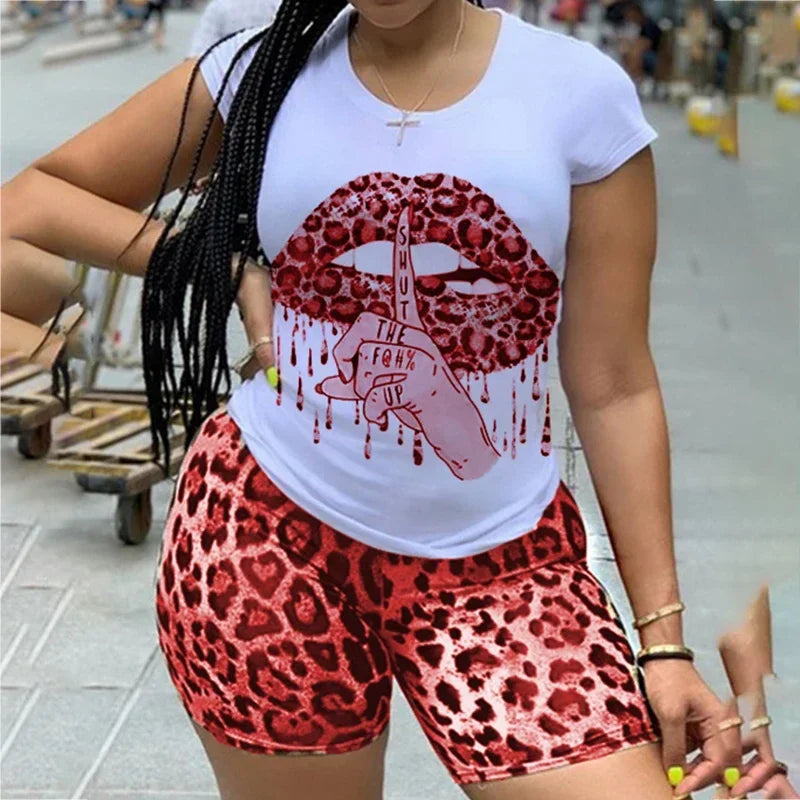 2022 New  Two Piece Set for Women Tracksuit Lips Short Sleeve Top Leopard Shorts Sweat Suit 2 Pcs Outfits Matching Sets