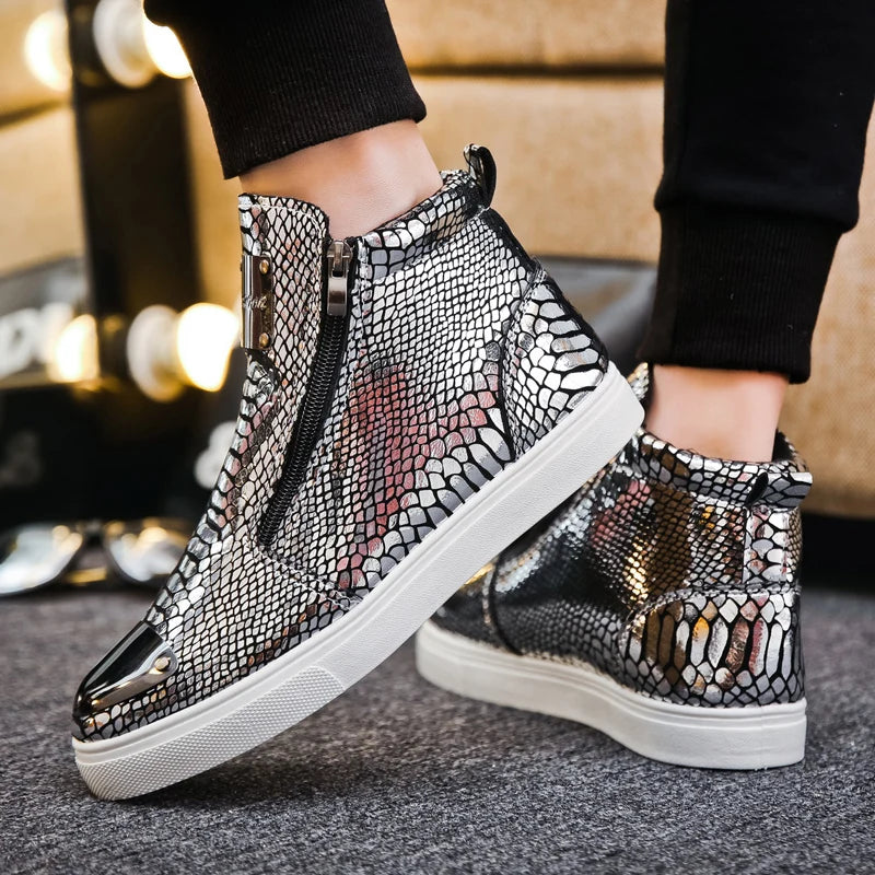 2023 New Luxury Glitter Snake Designer Shoes Men Gold High Top Original Men's Sneakers Fashion Zipper Casual Ankle Boots For Men