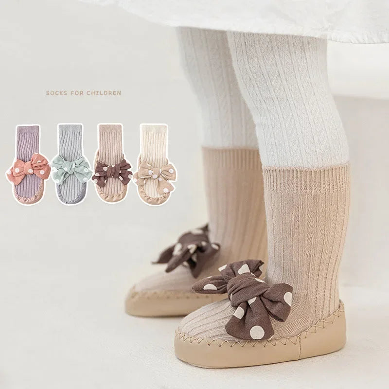 Autumn Winter Baby Girls Socks Newborn Baby Bowknot Socks Infant Baby Socks Anti Slip Soft Cotton Floor Sock Shoes