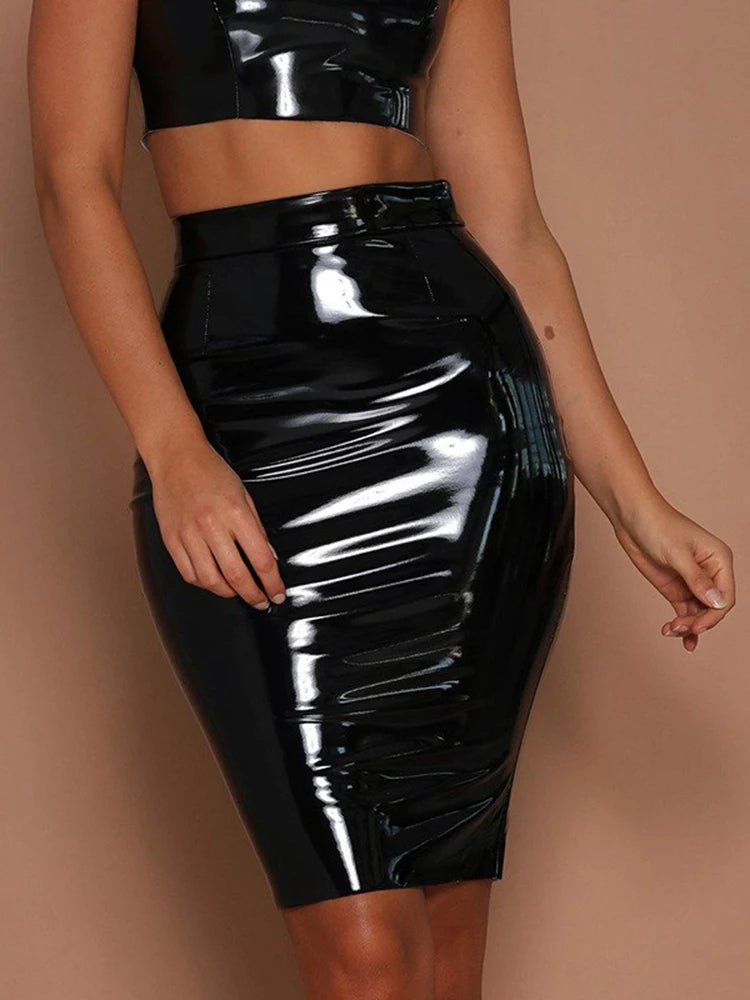 CUHAKCI High Waist Skirt Ladies Mini Pencil Skirts Black Shiny Skirts Women Sexy Red Female Club Elegant Bodycon 2022 New