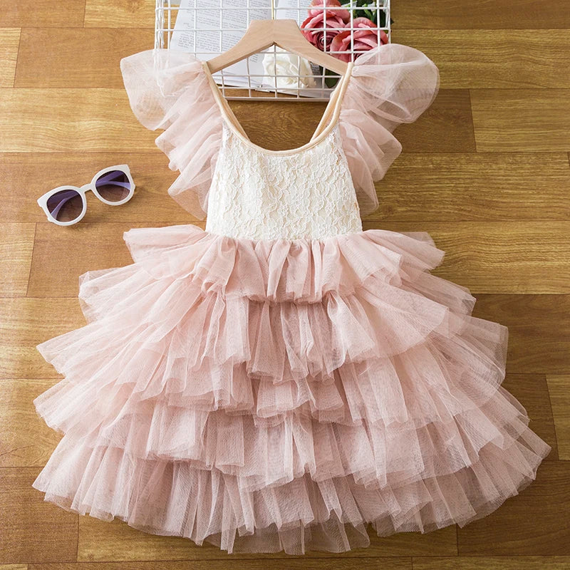 Summer Baby Girls Dress for Kids Lace Princess V-Back Mesh Layers Dress Little Girl Ceremonies Dress Wedding Party Elegant Frock