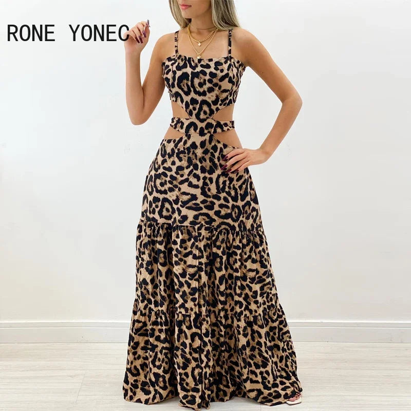 Women Elegant Lace Up Sexy Leopard Pattern Spaghetti Straps Midriff Ruffles Maxi Sexy Dresses