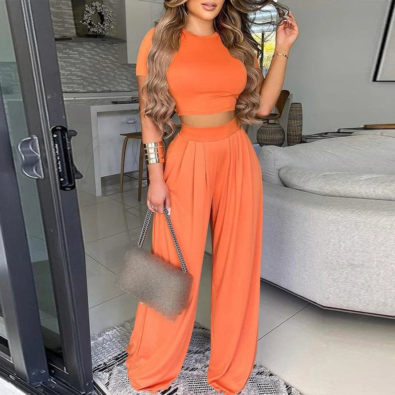 Summer Women Two Piece Sets Elegant Print Office Lady Outfits Elegant O Neck Short Sleeve Shirt Pullover + Wide Leg Pants Suits