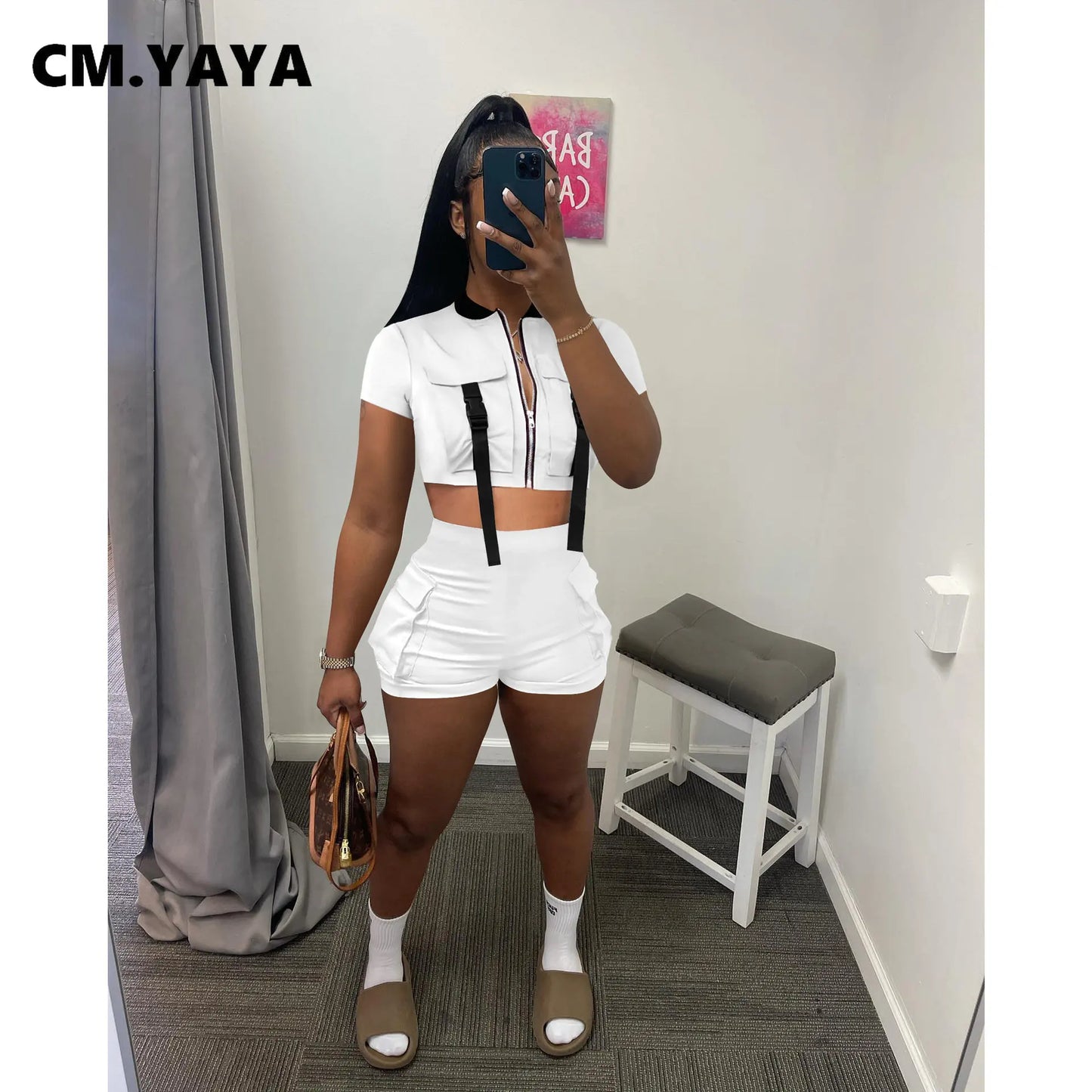 CM.YAYA Active Safari Style Women's Set Zipper Fly Track Top and Shorts Suit 2023 INS Sweatsuit Two 2 Piece Set Outfit Tracksuit