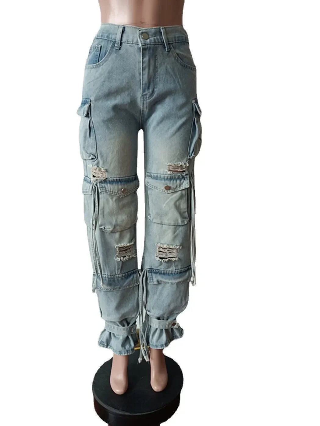 Denim Pocket Pants Jeans Women Streetwear Retro Loose Wide Leg Overalls Vintage Button Long Capris Sporty Y2k Cargo Pants