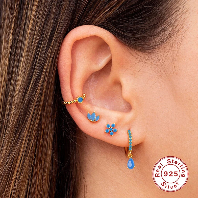 LENNIK 3/4/5pc 925 Sterling Silver Multible Earring Set for Women Casual Stud Hoop Cuff Ears Jewel Turquoise Piercing pendientes