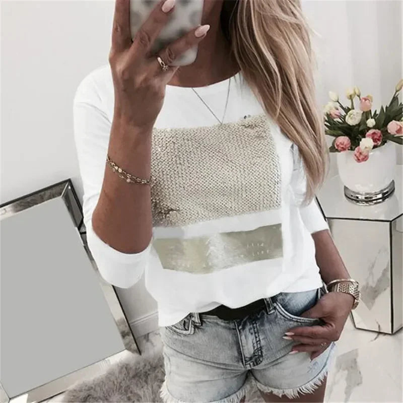 Spring Women Tops Hot Sequined Lip T-shirts Black White Casual Tee Shirt Femme O-neck Long Sleeve Tshirts