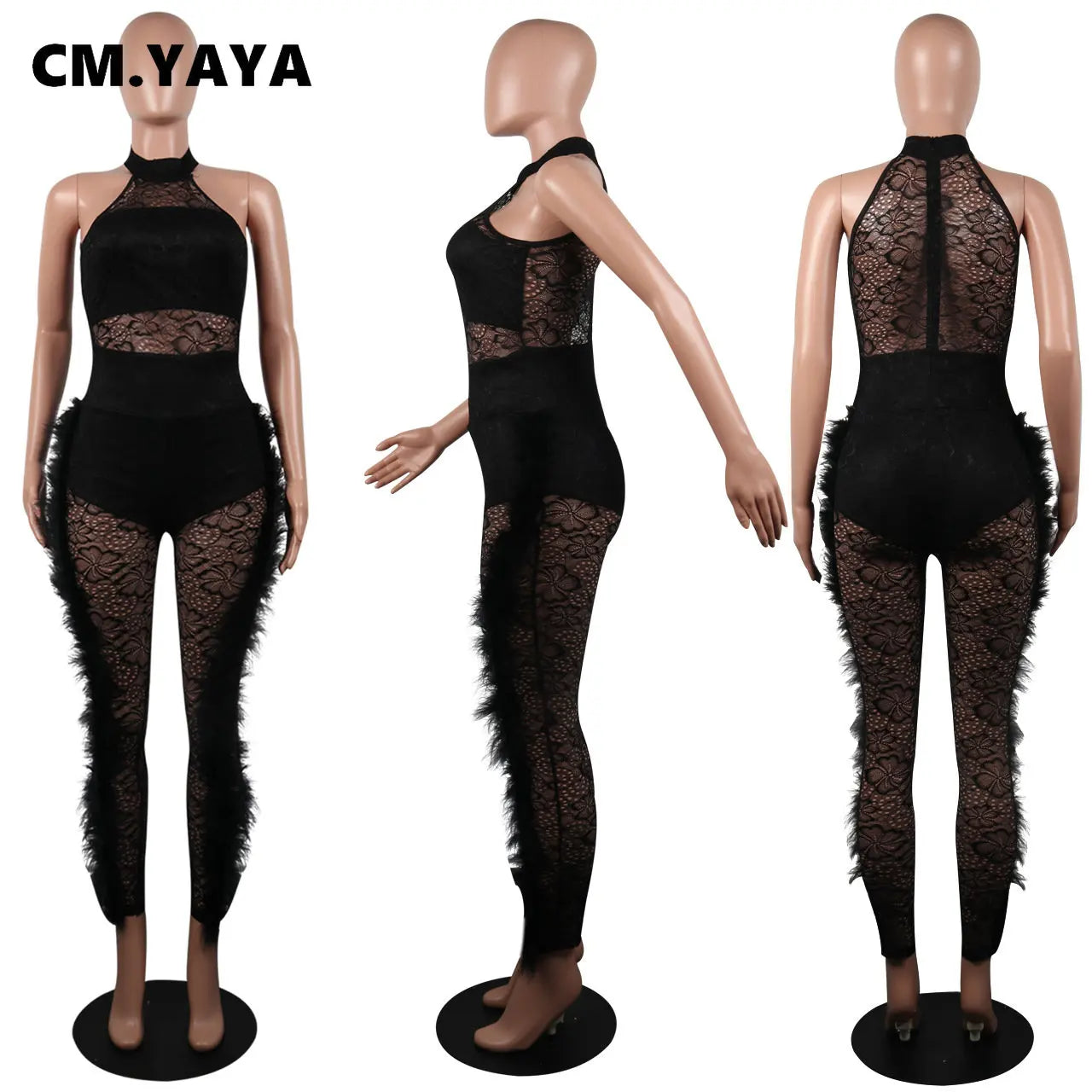 CM.YAYA Fashion Women Sleeveless Lace See Though Fur Side Skinny Stretchy Jumpsuit Streetwear Sexy One Piece Suit INS Playsuits