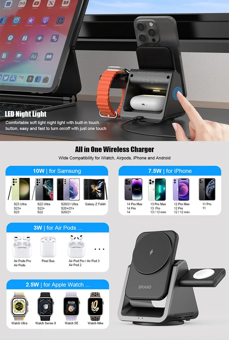 Multifunctional three in one magnetic wireless charger for watches earphones mobile phones desktop magsafe wireless chargers