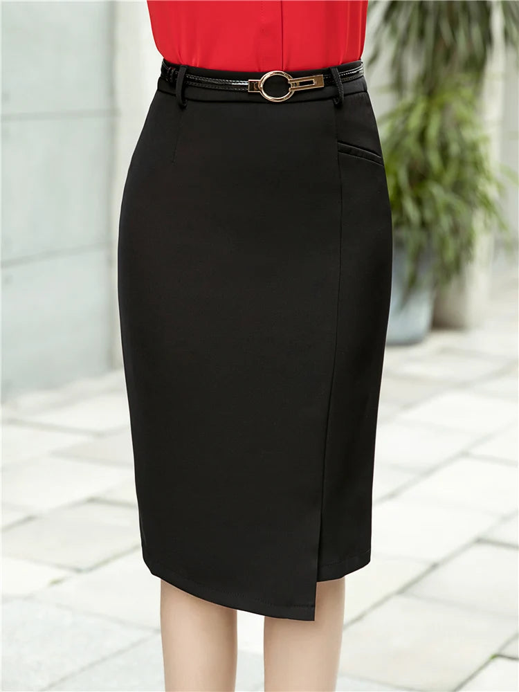 Dushicolorful Elegant Skirts Womens Office High Waist Slim Black Midi Skirt Summer Knee Length Side Split Ladies Workwear