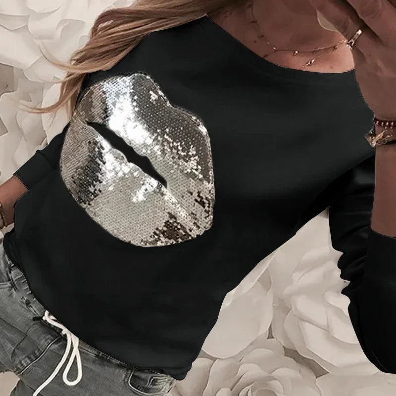 Spring Women Tops Hot Sequined Lip T-shirts Black White Casual Tee Shirt Femme O-neck Long Sleeve Tshirts