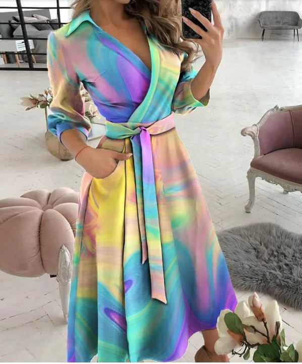 Women Dress Spring And Summer New Fashion Three Quarter  Sleeve V-Neck Printed Women's Dress With Waist Tie Up Polo Long Dress