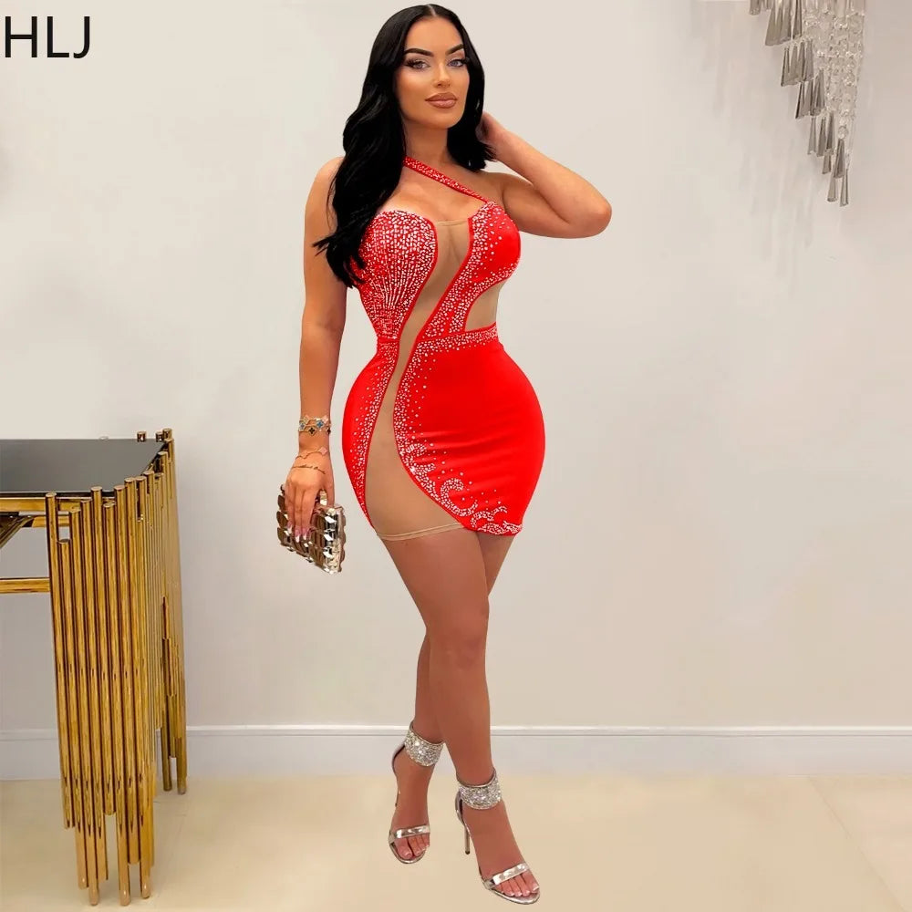 HLJ Sexy Hollow Out Mesh Patchwork Mini Dress Women One Shoulder Sleeveless Party Nightclub Fashion Female Rhinestones Vestidos