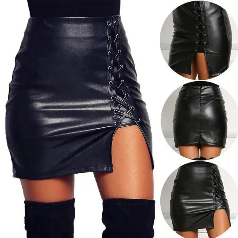 Sexy Girls Above Knee Black PU Leather Mini Skirts Spring Women High Waist Bodycon Front Split Elegant Short Skirt