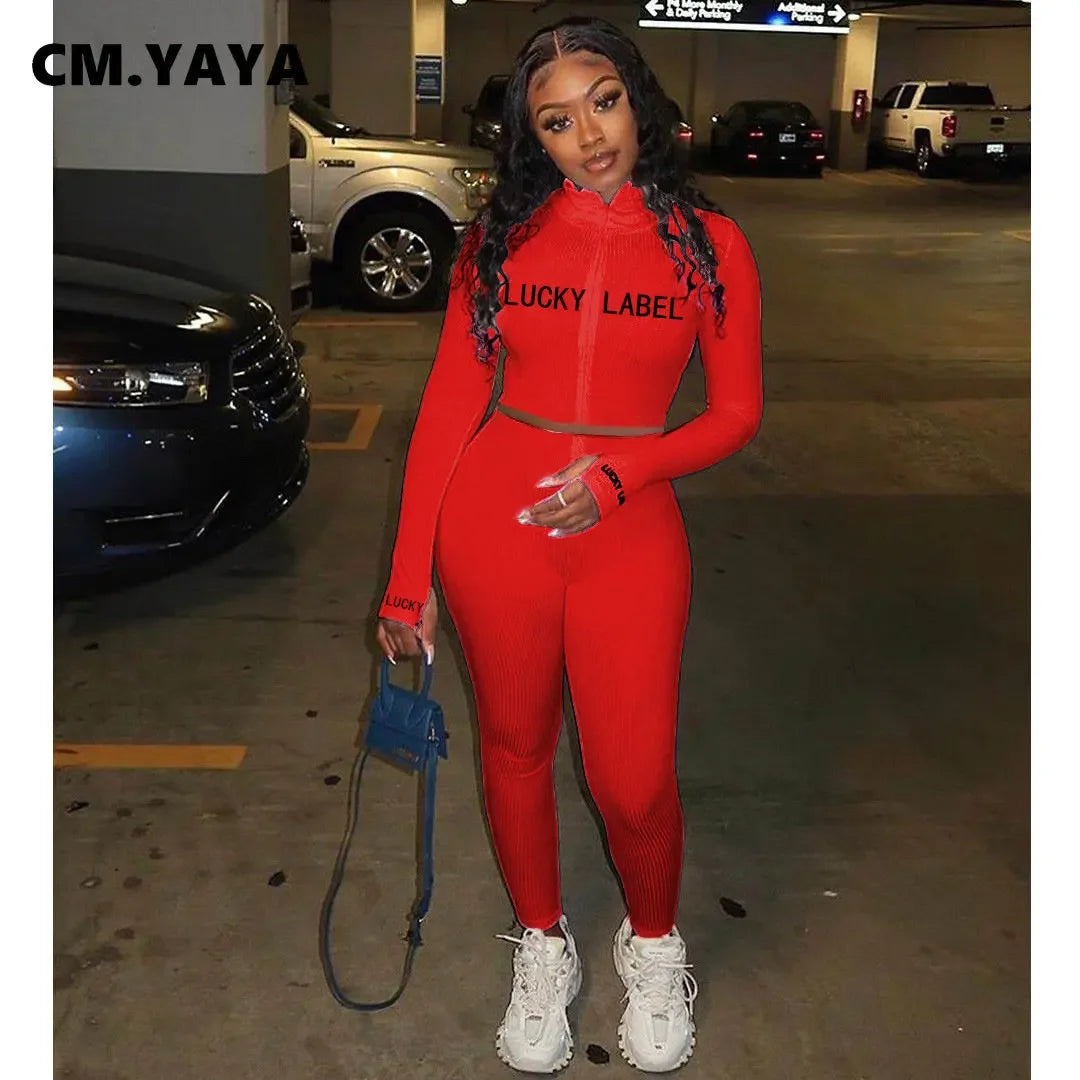 CM.YAYA Active Lucky Label Embroidery Knitted Women Set Zipper Tops Legging Pant Set Tracksuit Outfit Matching Two 2 Piece Set