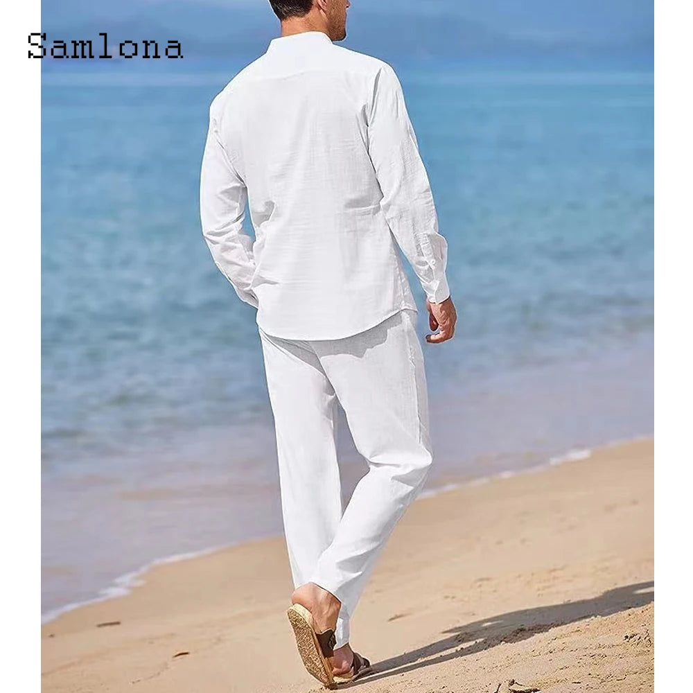 Plus Size Mens Casual Linen Two Piece Sets 2023 Europe Style Vintage Basic Tops and Solid Pants Suit Male Beach Tracksuits Set