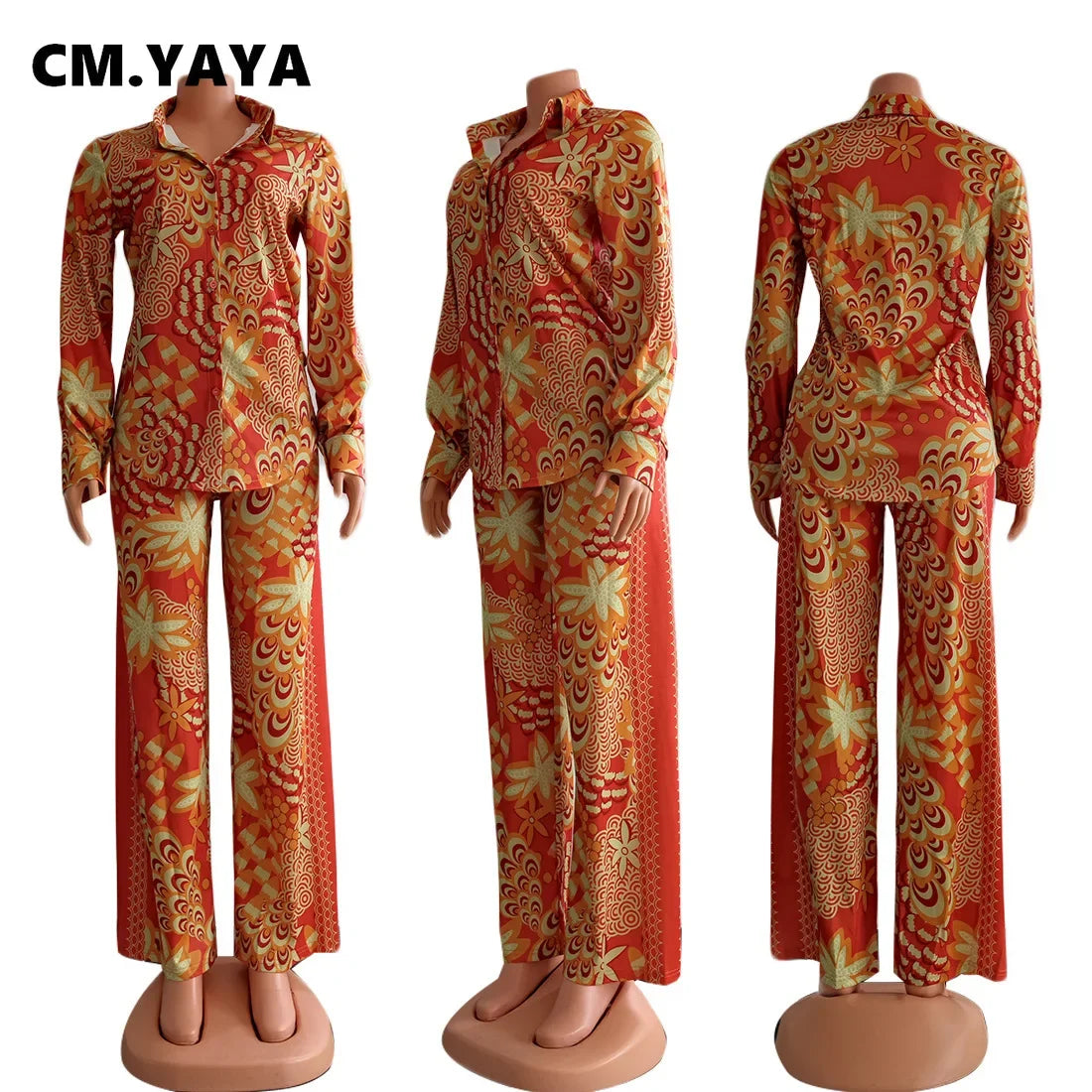 CM.YAYA Autumn Winter Peacock Women's Set Button Up Blouse Shirt Tops and Pants Elegant Tracksuit Two Piece Set Fitness Outfits