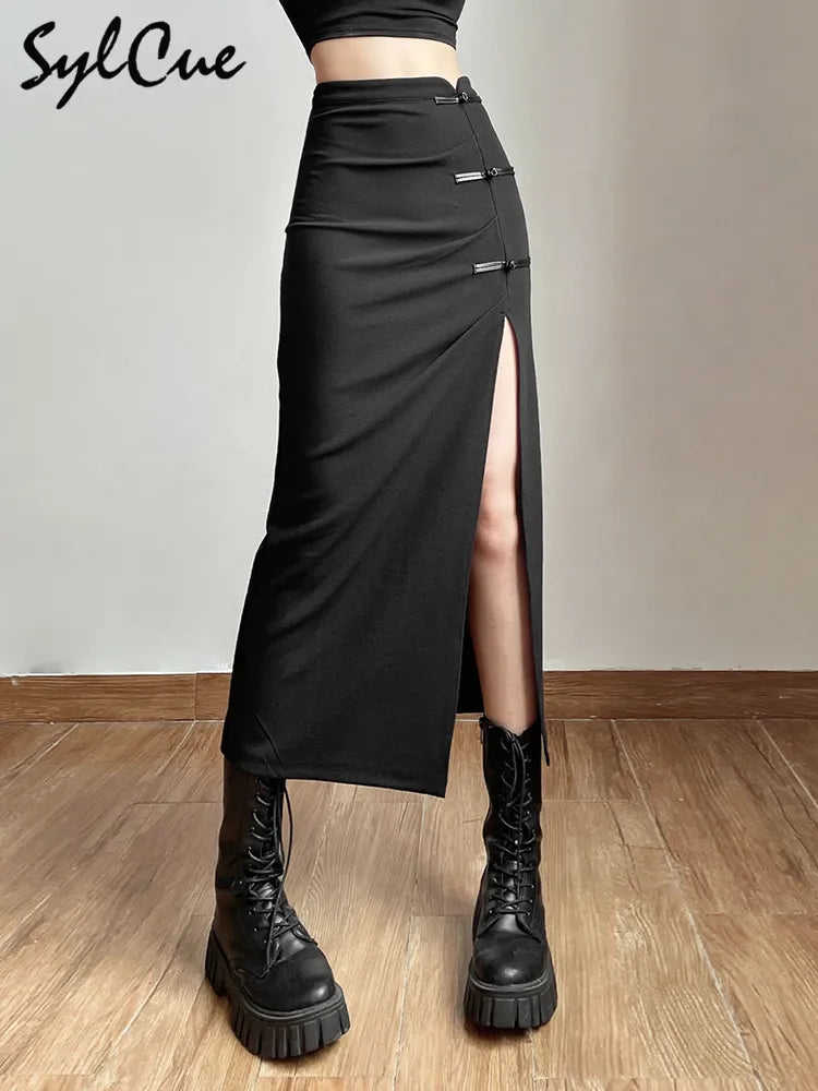 Sylcue Black Sexy Split Simple Casual All-Match Hot Street Outing Cool Mature Vitality Personality Trend Basic Women'S Skirt